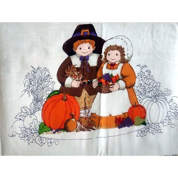 VTG Little Pilgrims Thanksgiving Table Centerpiece Pillow Craft Sewing Fabric - Picture 1 of 11